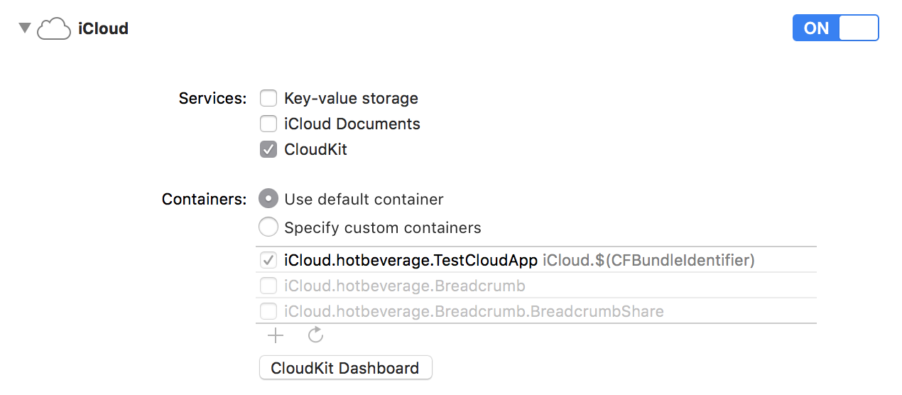 Screenshot of test app CloudKit entitlements using default container